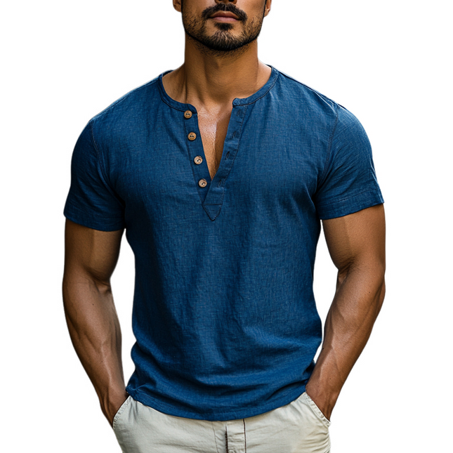 Men's Slim Fit Casual Shirt | Breathable Cotton Linen | Henley Collar | Short Sleeve | Summer Fashion | Lightweight Comfort | Versatile Styling | Classic Design for Modern Men
