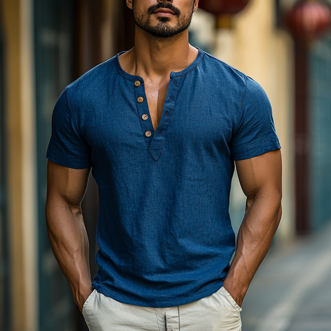 Men's Slim Fit Casual Shirt | Breathable Cotton Linen | Henley Collar | Short Sleeve | Summer Fashion | Lightweight Comfort | Versatile Styling | Classic Design for Modern Men