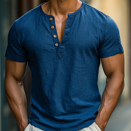 Men's Slim Fit Casual Shirt | Breathable Cotton Linen | Henley Collar | Short Sleeve | Summer Fashion | Lightweight Comfort | Versatile Styling | Classic Design for Modern Men