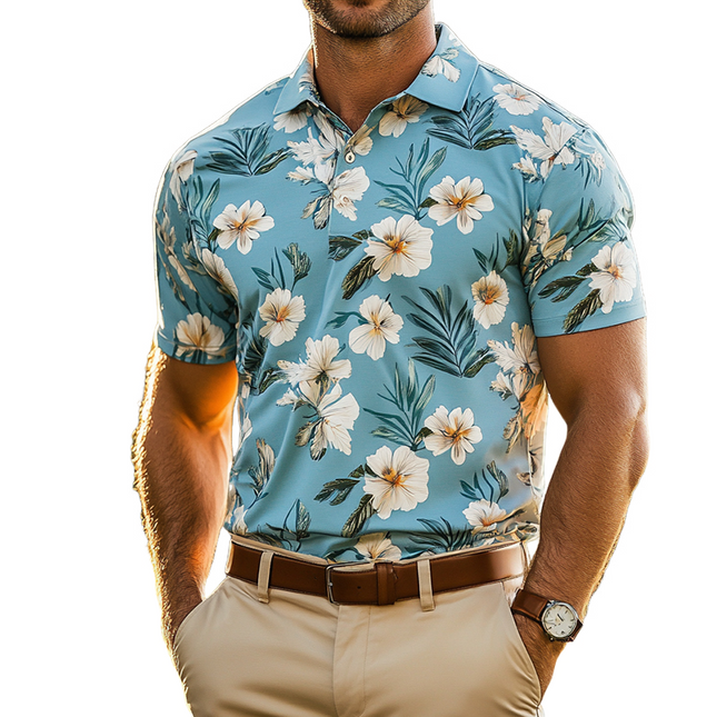 Men's Polo Shirt | Retro Casual Beach Hawaiian Style | Large Floral Print | Short Sleeve | Breathable Lightweight Fabric | Comfortable Fit | Summer Wardrobe Essential | Sizes S-3XL