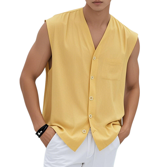 Men's Cotton V Neck Sleeveless Shirt | Single Breasted | Patch Pocket | Loose Fit | Casual Summer Top
