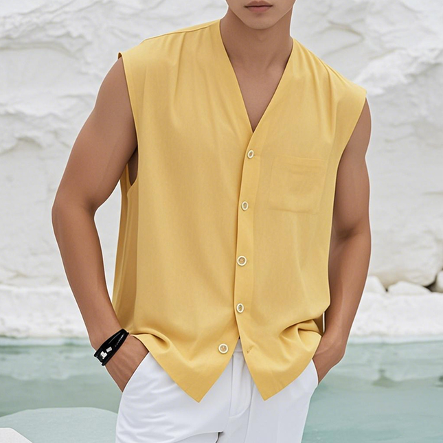 Men's Cotton V Neck Sleeveless Shirt | Single Breasted | Patch Pocket | Loose Fit | Casual Summer Top