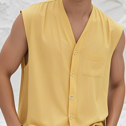 Men's Cotton V Neck Sleeveless Shirt | Single Breasted | Patch Pocket | Loose Fit | Casual Summer Top