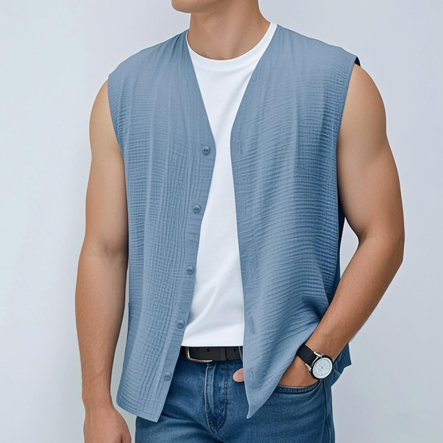 Men's Sleeveless Summer Shirt | Cotton Blend | V-Neck | Single-Breasted | Pleated Design | Loose Fit | Casual Beachwear | Versatile Layering