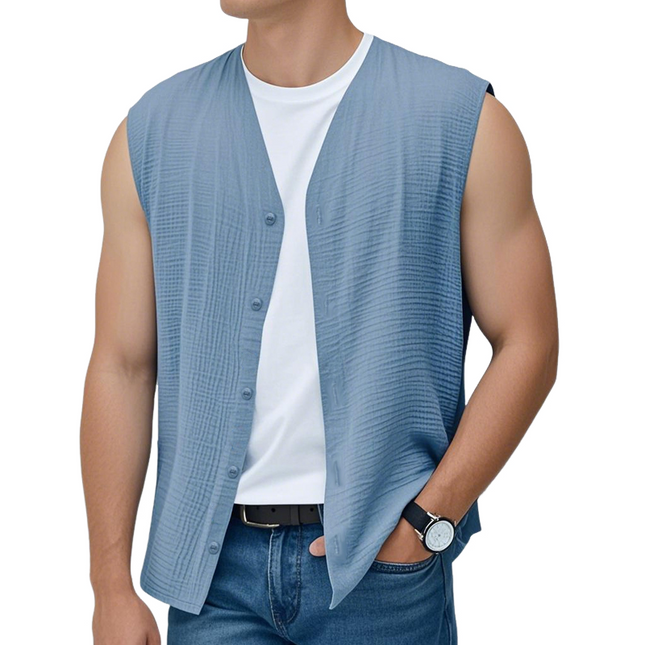 Men's Sleeveless Summer Shirt | Cotton Blend | V-Neck | Single-Breasted | Pleated Design | Loose Fit | Casual Beachwear | Versatile Layering