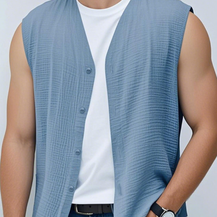 Men's Sleeveless Summer Shirt | Cotton Blend | V-Neck | Single-Breasted | Pleated Design | Loose Fit | Casual Beachwear | Versatile Layering
