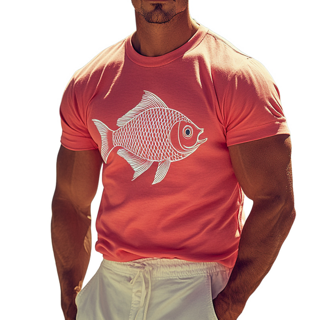 Men's T-Shirt | Retro Fish Print | Casual Short Sleeve | Round Neck | Breathable Cotton | Relaxed Fit