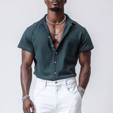 Men's Short Sleeve Shirt | Casual Cotton Linen Blend | Lapel Collar | Single Breasted Loose Fit | Breathable | Summer Beachwear | Easy Care | Available in Multiple Colors & Sizes