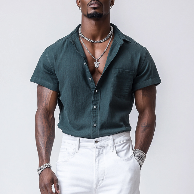 Men's Short Sleeve Shirt | Casual Cotton Linen Blend | Lapel Collar | Single Breasted Loose Fit | Breathable | Summer Beachwear | Easy Care | Available in Multiple Colors & Sizes