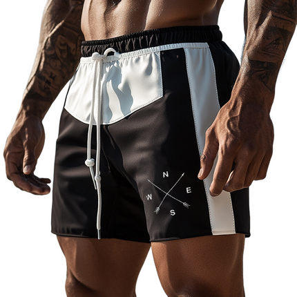 Men's Retro Casual Colorblock Compass Print Drawstring Beach Shorts | Breathable Quick-Drying Fabric | Adjustable Elastic Waist | Relaxed Fit | Trendy Sports Shorts for Summer