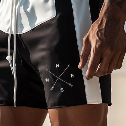 Men's Retro Casual Colorblock Compass Print Drawstring Beach Shorts | Breathable Quick-Drying Fabric | Adjustable Elastic Waist | Relaxed Fit | Trendy Sports Shorts for Summer