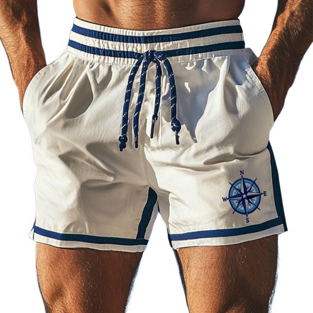 Men's Retro Beach Shorts | Colorblock Compass Print | Sports Drawstring | Lightweight Polyester-Cotton Blend | Casual Summer Wear | Relaxed Fit | Elastic Waistband | Ideal for Vacations & Outdoors
