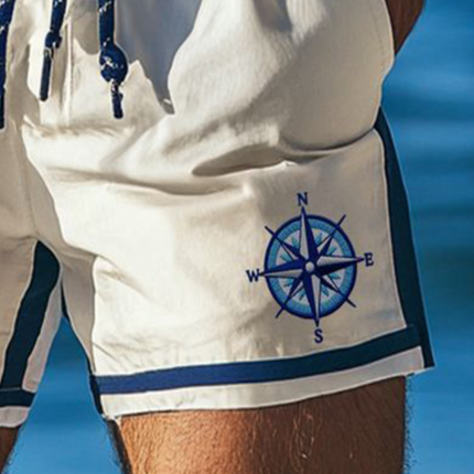 Men's Retro Beach Shorts | Colorblock Compass Print | Sports Drawstring | Lightweight Polyester-Cotton Blend | Casual Summer Wear | Relaxed Fit | Elastic Waistband | Ideal for Vacations & Outdoors