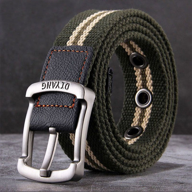 Men's Belt | Casual Canvas Leather | Pin Buckle | Classic Dual-tone Design | Versatile Everyday Wear | Adjustable Strap | Multiple Sizes | Black Brown Khaki Options