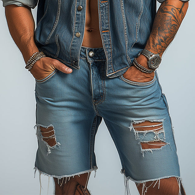 Men's Ripped Denim Shorts | Summer Fashion Casual Wear | Brushed Finish | Lightweight Blue Jeans | Comfortable Fit for Daily Wear | Trendy Street Style | Versatile Summer Shorts for Men