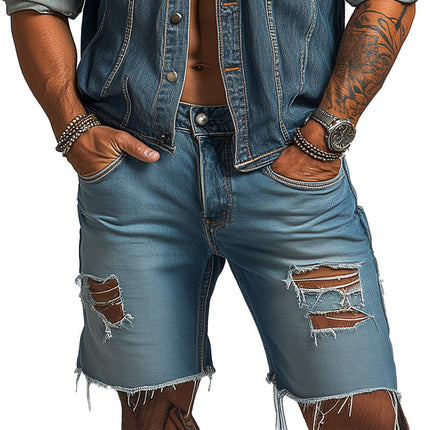 Men's Ripped Denim Shorts | Summer Fashion Casual Wear | Brushed Finish | Lightweight Blue Jeans | Comfortable Fit for Daily Wear | Trendy Street Style | Versatile Summer Shorts for Men