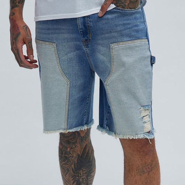 Men's Denim Patchwork Shorts | Raw Edge Casual Design | Summer Shorts for Men | Breathable Durable Fabric | Relaxed Fit | Adjustable Waistband | Above Knee Length | Stylish Trendy Summer Shorts