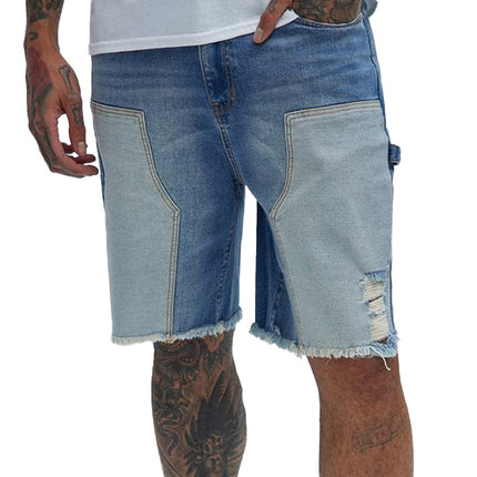 Men's Denim Patchwork Shorts | Raw Edge Casual Design | Summer Shorts for Men | Breathable Durable Fabric | Relaxed Fit | Adjustable Waistband | Above Knee Length | Stylish Trendy Summer Shorts