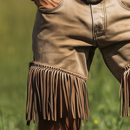 Men's Summer Denim Shorts | Western Cowboy Style | Tassel Detail | Comfortable Casual Fit | Above-the-Knee Length | Durable Breathable Fabric | Classic Denim Blue | Perfect for Festivals and Outings