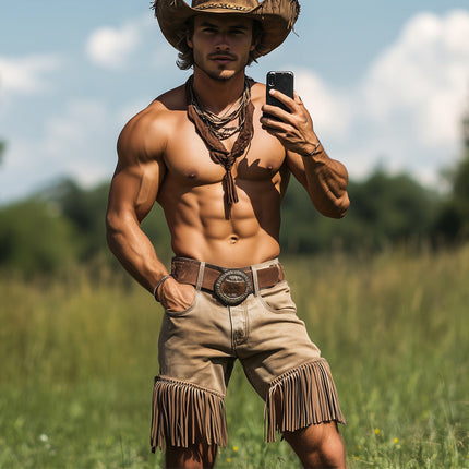 Men's Summer Denim Shorts | Western Cowboy Style | Tassel Detail | Comfortable Casual Fit | Above-the-Knee Length | Durable Breathable Fabric | Classic Denim Blue | Perfect for Festivals and Outings