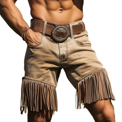 Men's Summer Denim Shorts | Western Cowboy Style | Tassel Detail | Comfortable Casual Fit | Above-the-Knee Length | Durable Breathable Fabric | Classic Denim Blue | Perfect for Festivals and Outings