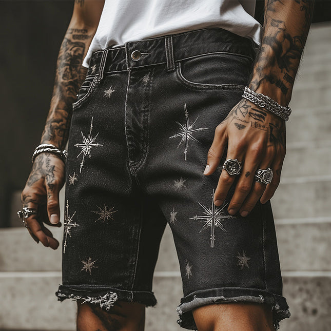 Men's Denim Shorts | Summer Retro Print | Raw Edge Casual | Comfortable Fit | Durable High-Quality Material | Perfect for Beach & Barbecue | Trendy Vintage Style