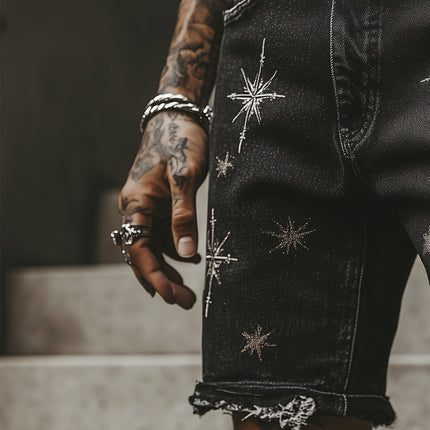 Men's Denim Shorts | Summer Retro Print | Raw Edge Casual | Comfortable Fit | Durable High-Quality Material | Perfect for Beach & Barbecue | Trendy Vintage Style