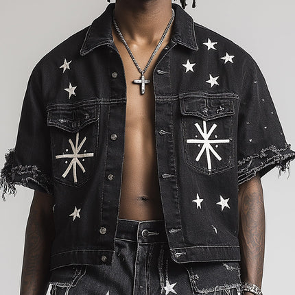 Men's Denim Shirt | Retro Print | Raw Edge | Casual | Short Sleeve | Lightweight | Vintage Style | Summer Fashion | Comfortable Fit | Breathable Fabric