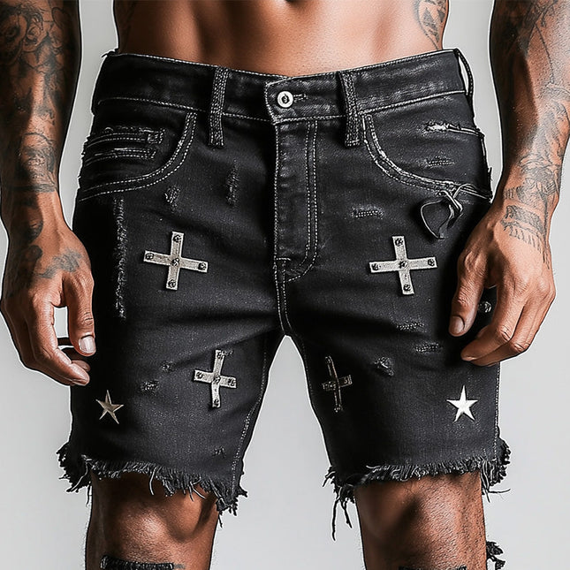 Men's Retro Printed Denim Shorts | Raw Edge Design | Casual Summer Style | High-Quality Fabric | Relaxed Fit | Versatile Fashion | Cool Comfort for Warm Weather