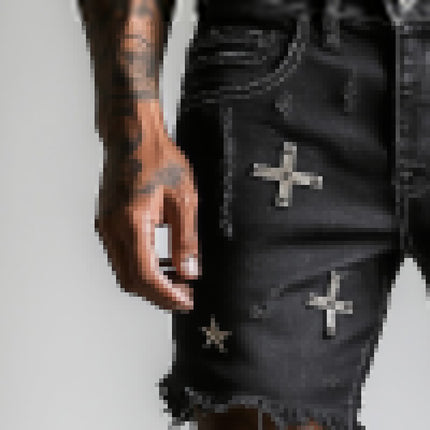 Men's Retro Printed Denim Shorts | Raw Edge Design | Casual Summer Style | High-Quality Fabric | Relaxed Fit | Versatile Fashion | Cool Comfort for Warm Weather