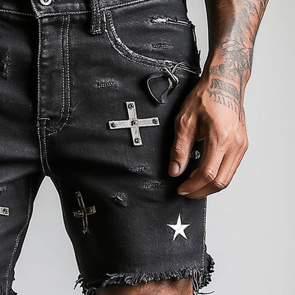 Men's Retro Printed Denim Shorts | Raw Edge Design | Casual Summer Style | High-Quality Fabric | Relaxed Fit | Versatile Fashion | Cool Comfort for Warm Weather