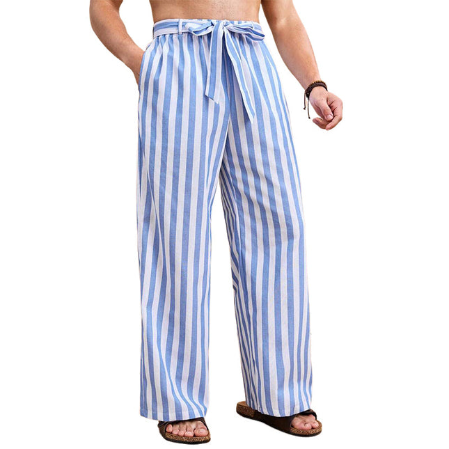 Men's Striped Cotton Linen Pants | Loose Fit | Elastic Waist | Casual Everyday Wear | Breathable Fabric | Classic Vertical Stripes | Comfortable Full-Length Trousers with Side Pockets