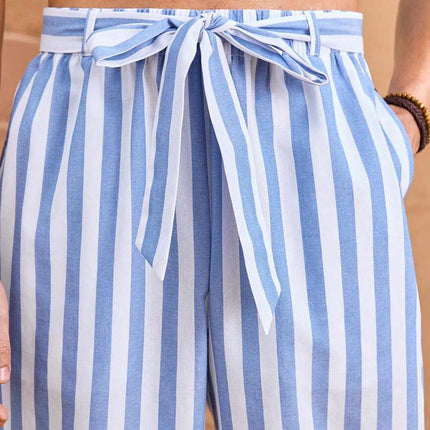 Men's Striped Cotton Linen Pants | Loose Fit | Elastic Waist | Casual Everyday Wear | Breathable Fabric | Classic Vertical Stripes | Comfortable Full-Length Trousers with Side Pockets