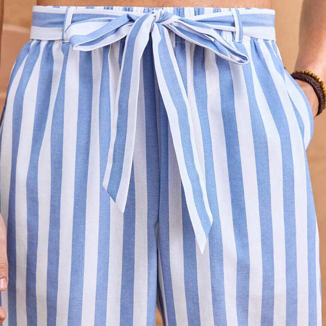 Men's Striped Cotton Linen Pants | Loose Fit | Elastic Waist | Casual Everyday Wear | Breathable Fabric | Classic Vertical Stripes | Comfortable Full-Length Trousers with Side Pockets