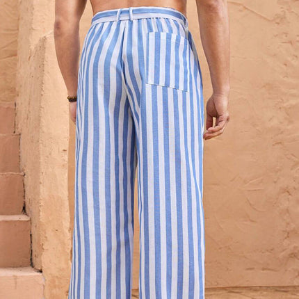 Men's Striped Cotton Linen Pants | Loose Fit | Elastic Waist | Casual Everyday Wear | Breathable Fabric | Classic Vertical Stripes | Comfortable Full-Length Trousers with Side Pockets