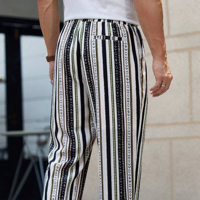 Men's Striped Cotton Blend Elastic Waist Casual Pants | Breathable Fabric | Holiday Style | Timeless Stripe Design | Comfortable Fit | Versatile Occasion Wear