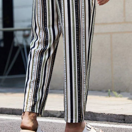 Men's Striped Cotton Blend Elastic Waist Casual Pants | Breathable Fabric | Holiday Style | Timeless Stripe Design | Comfortable Fit | Versatile Occasion Wear