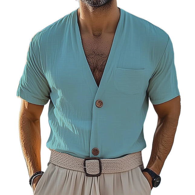 Men's Summer Shirt | Basic V-neck | Short Sleeve | Cotton Blend Fabric | Lightweight & Breathable | Casual Essential | Multiple Sizes | Available in White Blue Khaki | Machine Washable