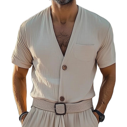 Men's Summer Shirt | Basic V-neck | Short Sleeve | Cotton Blend Fabric | Lightweight & Breathable | Casual Essential | Multiple Sizes | Available in White Blue Khaki | Machine Washable