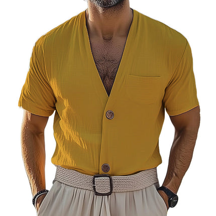 Men's Summer Shirt | Basic V-neck | Short Sleeve | Cotton Blend Fabric | Lightweight & Breathable | Casual Essential | Multiple Sizes | Available in White Blue Khaki | Machine Washable