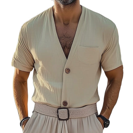 Men's Summer Shirt | Basic V-neck | Short Sleeve | Cotton Blend Fabric | Lightweight & Breathable | Casual Essential | Multiple Sizes | Available in White Blue Khaki | Machine Washable