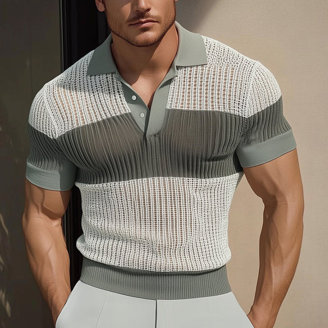 Men's Summer Polo Shirt | Business Casual Colorblock | Knitted Mesh Fabric | Breathable and Lightweight | Short Sleeve | Stylish Modern Design | Versatile for Work and Casual | Sizes S to 3XL