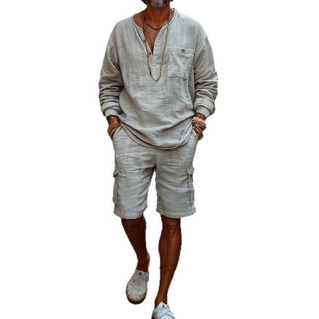 Men's Vacation Set | Long-Sleeved Shirt & Shorts | Cotton & Linen Blend | Casual Beachwear | Breathable Lightweight Outfit | Summer Comfort | Relaxed Fit | Warm Weather Style
