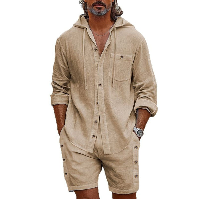 Men's Vacation Two-Piece Set | Cotton Linen Blend | Long-Sleeve Hoodie | Casual Shorts | Comfortable & Stylish | Adjustable Drawstring Waist | Relaxed Fit | Breathable Fabric | Neutral Colors for Versatile Styling