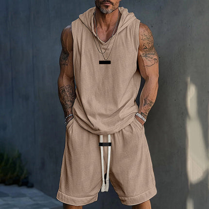 Men's Hooded Two Piece Set | Sleeveless Top & Shorts | Solid Color | Casual & Sportswear | Breathable Fabric | Elastic Waist | Versatile & Stylish | Comfortable Fit | Activewear Outfit