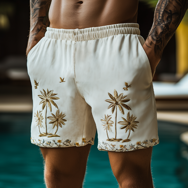 Men's Casual Beach Shorts | Summer Hawaiian Style | Elastic Waist | Thin Suede | Embroidered Design | Relaxed Fit | Lightweight & Breathable | Convenient Pockets | Quick Dry | Comfortable & Stylish | Perfect for Beach & Pool
