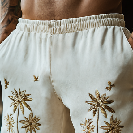 Men's Casual Beach Shorts | Summer Hawaiian Style | Elastic Waist | Thin Suede | Embroidered Design | Relaxed Fit | Lightweight & Breathable | Convenient Pockets | Quick Dry | Comfortable & Stylish | Perfect for Beach & Pool
