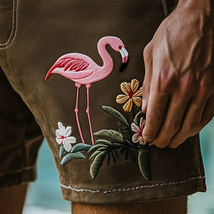 Men's Summer Hawaiian Embroidered Thin Suede Shorts | Casual Relaxed Fit | Lightweight Breathable Fabric | Functional Pockets | Versatile Style | Easy Care | Perfect for Beach & BBQ