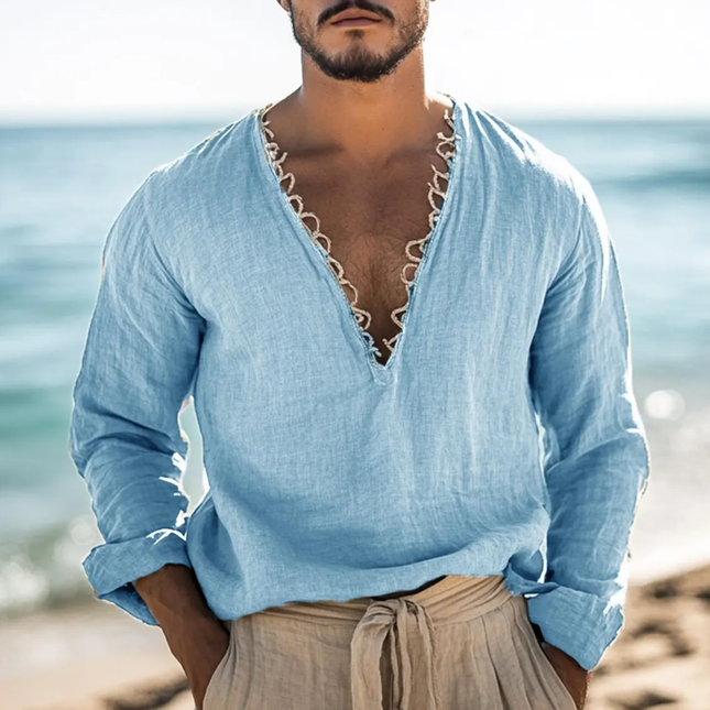 Men's V Neck Long Sleeve Shirt | Solid Cotton Linen Blend | Casual Comfortable Top | Premium Breathable Material | Versatile Stylish Design | Regular Fit | Ideal for All Seasons | Multiple Sizes Available