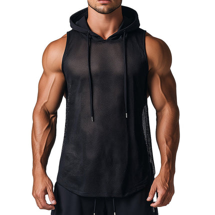 Men's Breathable Hooded Tank Top | Summer Hollow Mesh | Lightweight Activewear | Sleeveless Design | Trendy Cool Fabric | Stylish Casual Top | Perfect for Warm Weather